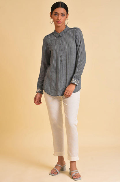 Grey Yarn Dyed Stripe Shirt - wforwoman