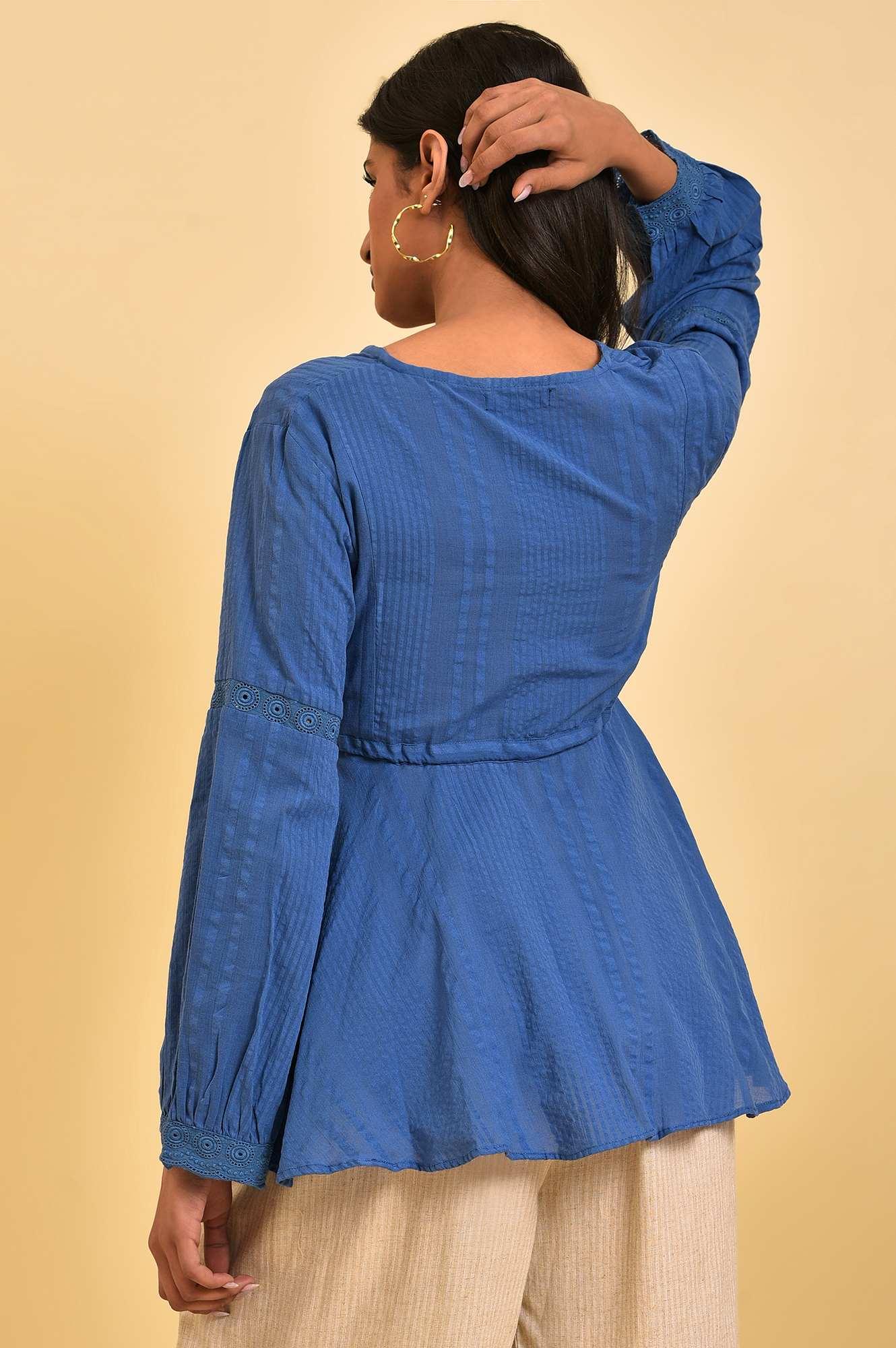 Blue Seer Sucker Peplum Top - wforwoman