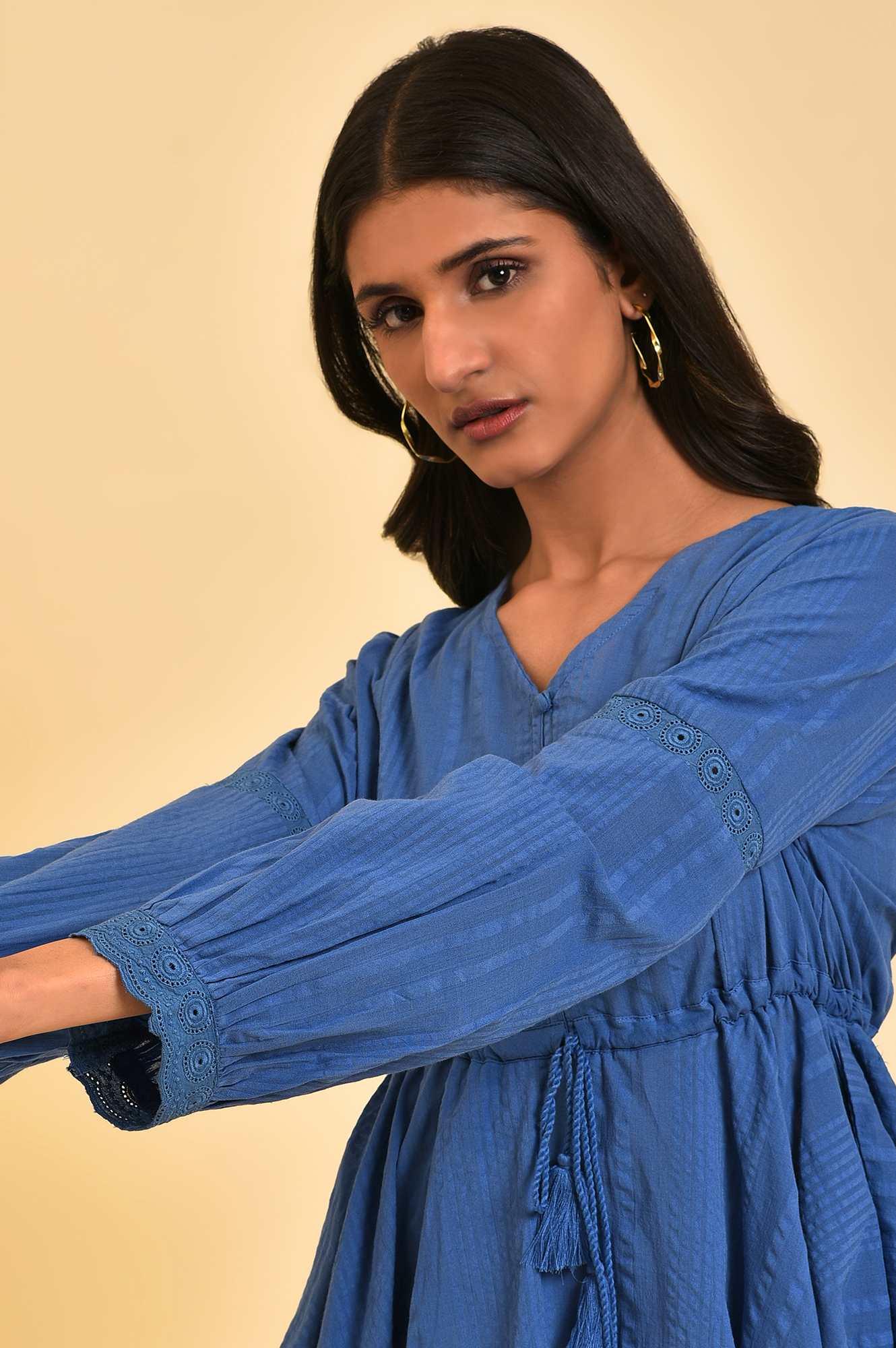 Blue Seer Sucker Peplum Top - wforwoman