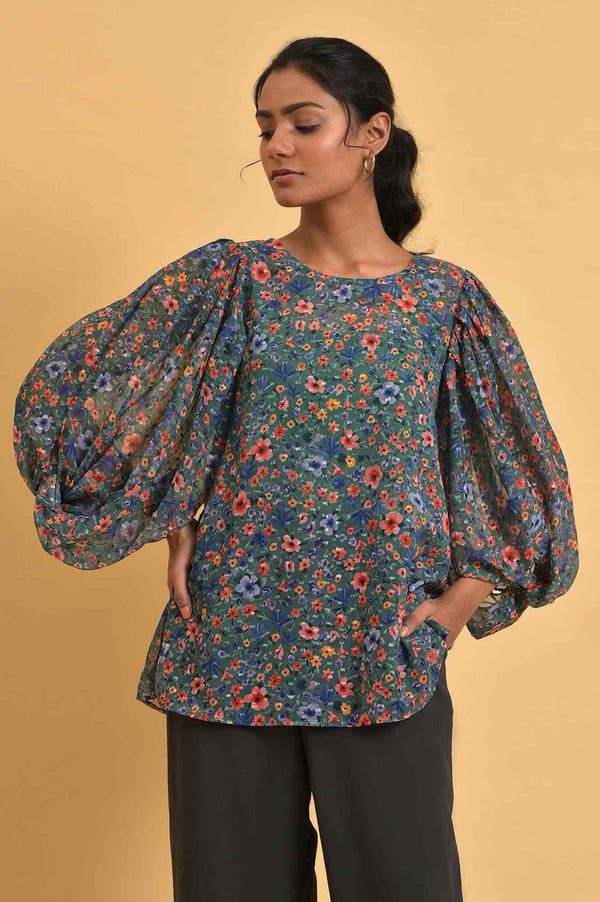 Green Floral Printed Georgette Top with Puffy Sleeves