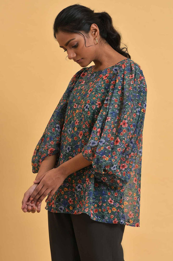 Green Floral Printed Georgette Top with Puffy Sleeves