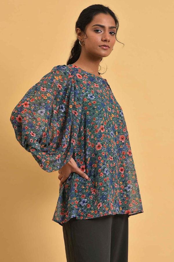 Green Floral Printed Georgette Top with Puffy Sleeves