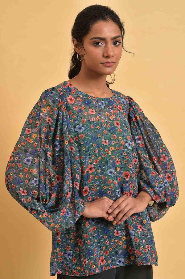 Green Floral Printed Georgette Top with Puffy Sleeves