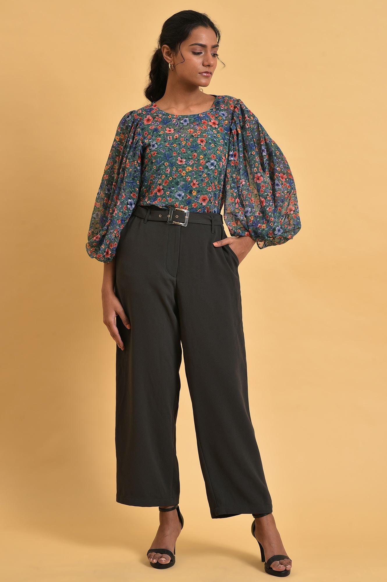 Buy Green Floral Printed Georgette Top with Puffy Sleeves Online
