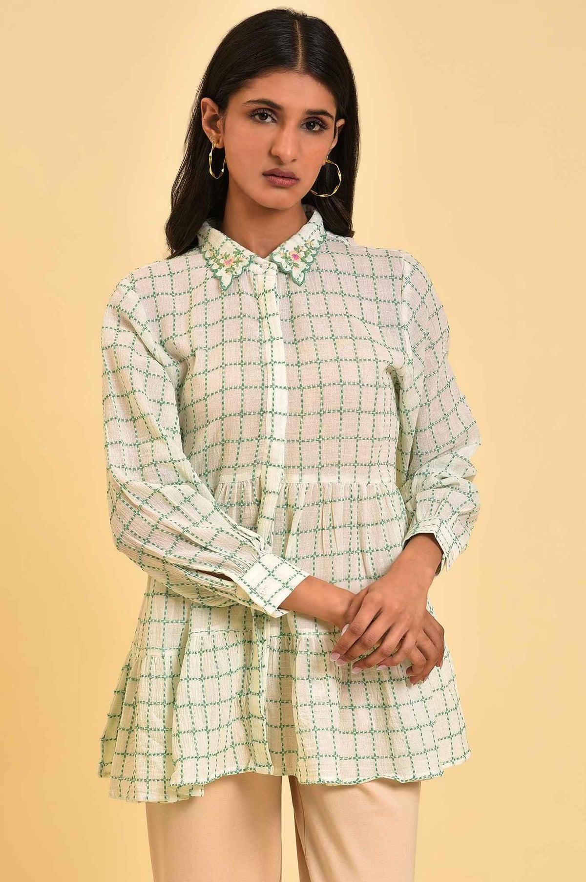White Tiered Top with Green Stitch Lines - XS