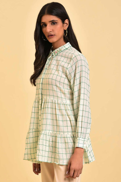 White Tiered Top with Green Stitch Lines - wforwoman