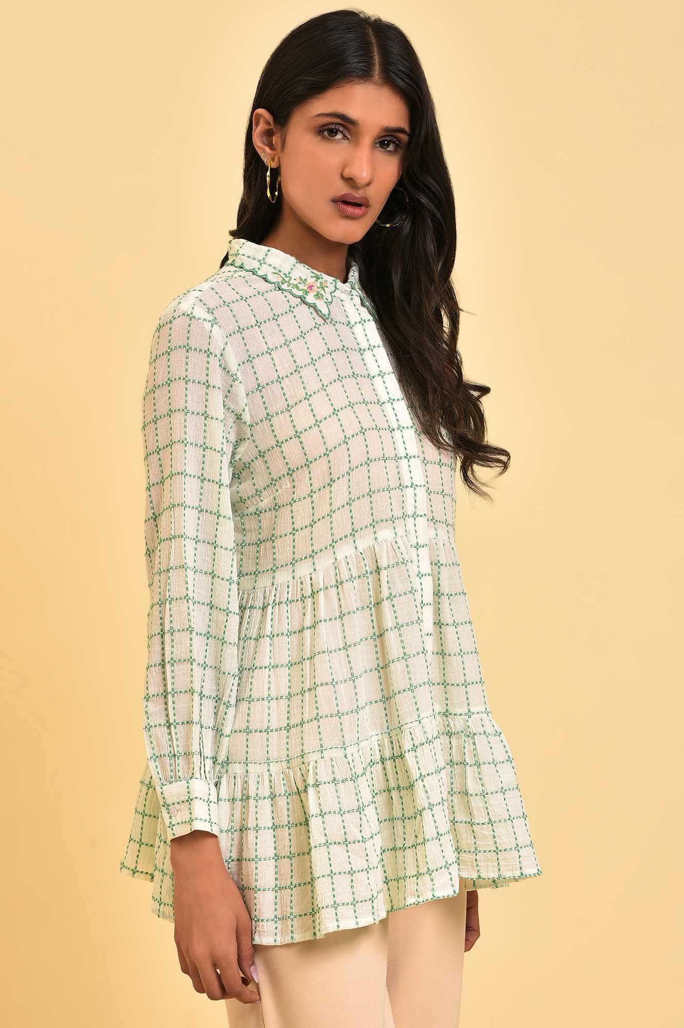 White Tiered Top with Green Stitch Lines - wforwoman