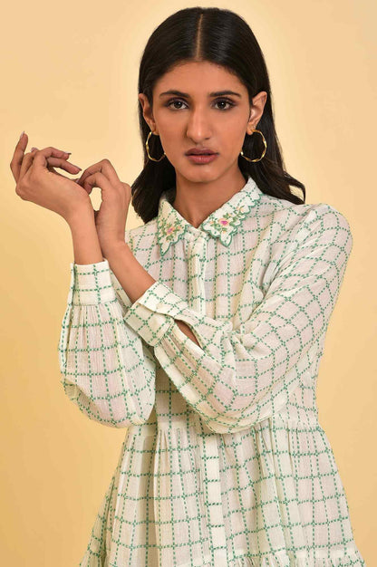 White Tiered Top with Green Stitch Lines - wforwoman