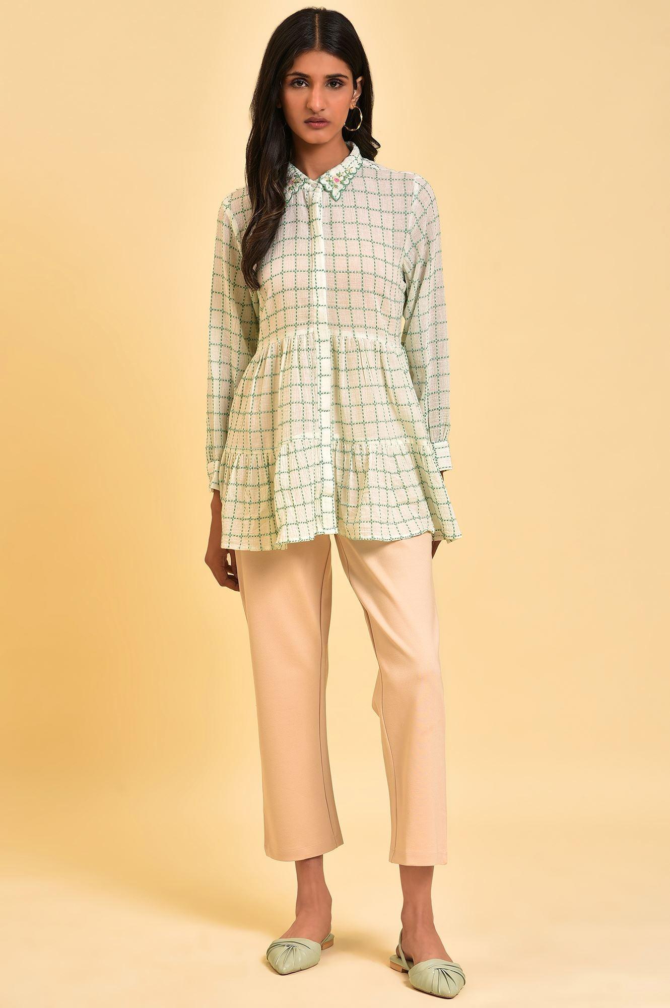 White Tiered Top with Green Stitch Lines - wforwoman