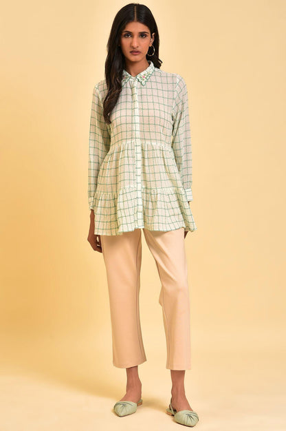 White Tiered Top with Green Stitch Lines - wforwoman