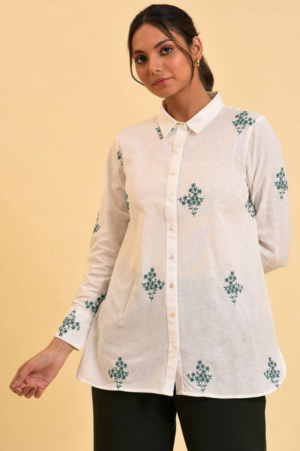 Ecru Floral Embroidered Women Shirt