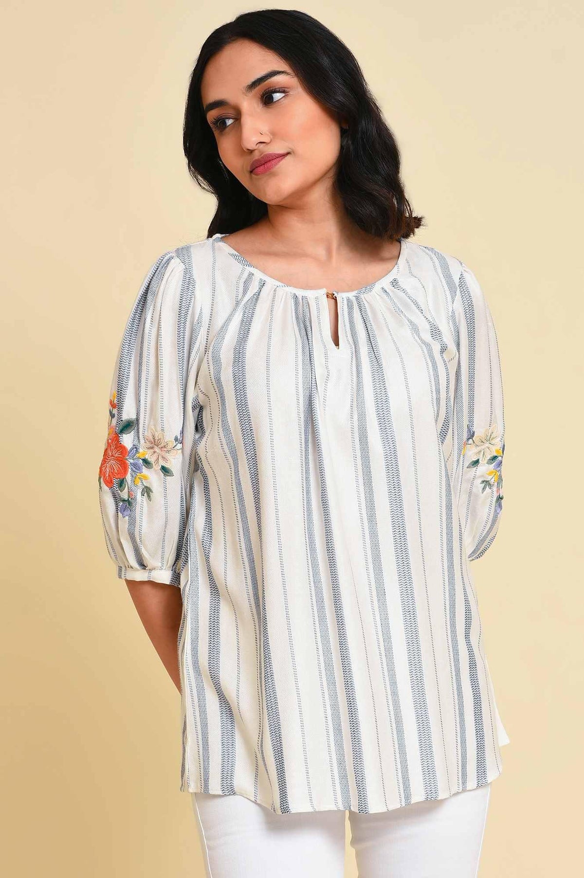 White And Blue Embroidered Top - XS