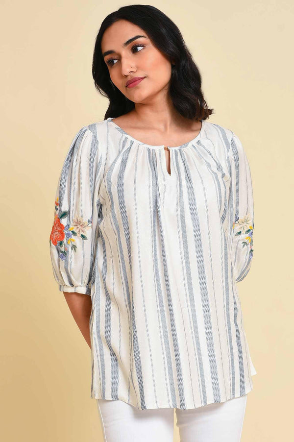 White And Blue Embroidered Top