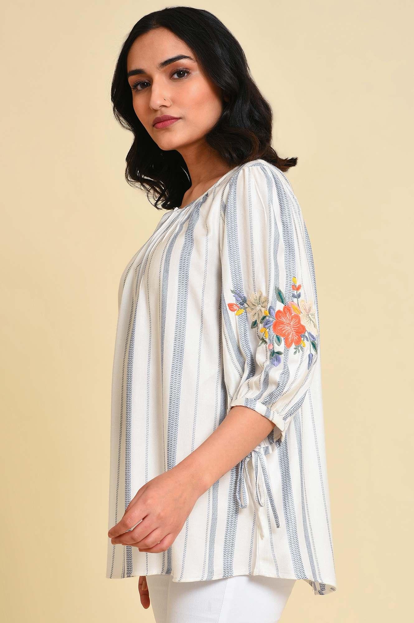White And Blue Embroidered Top - wforwoman