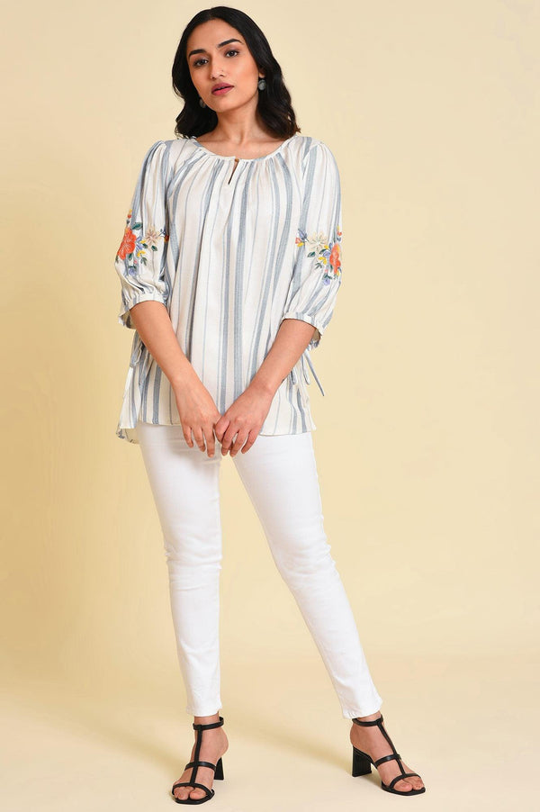 White And Blue Embroidered Top