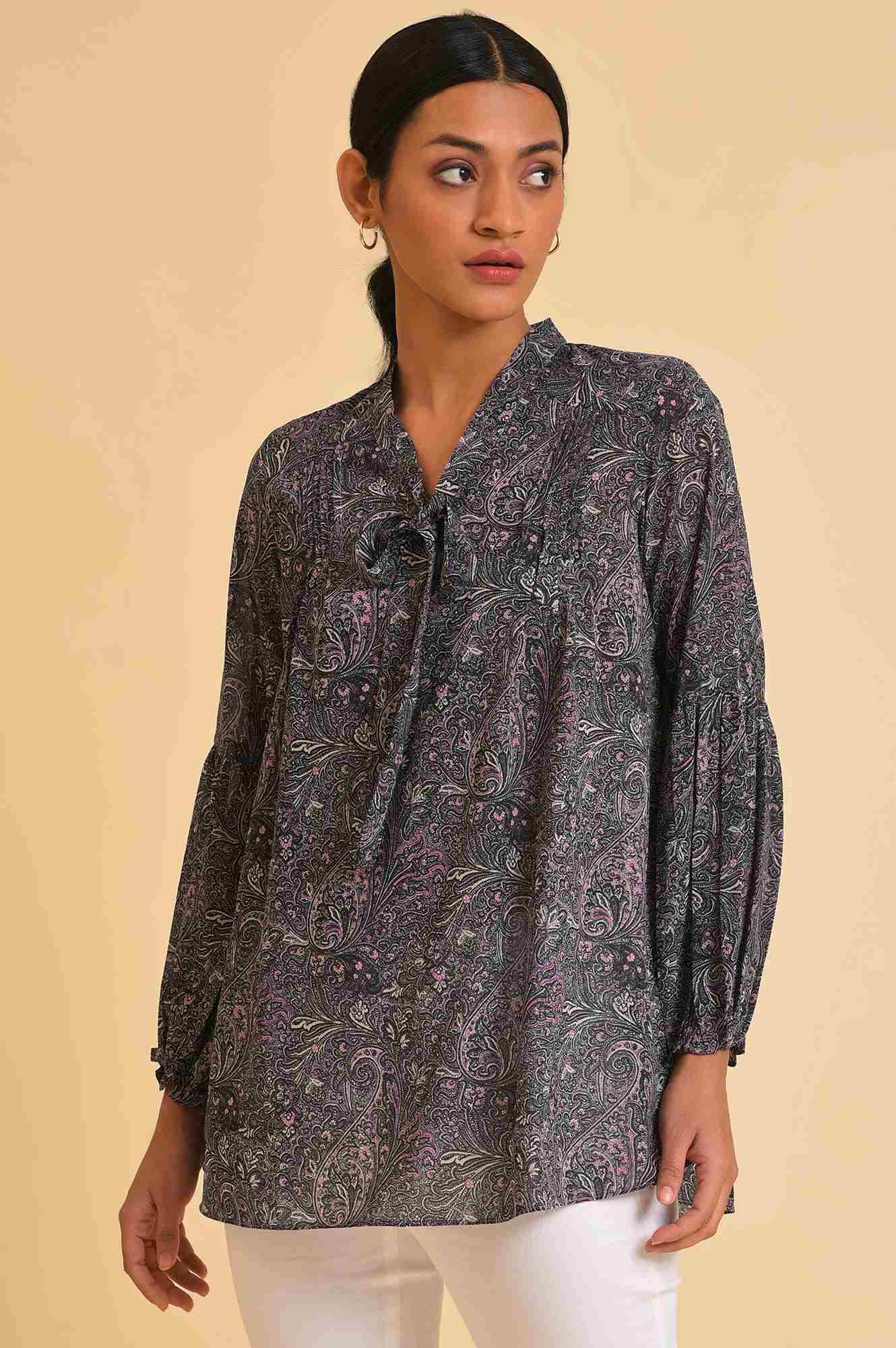 Black Paisley Printed A-Line Top - wforwoman