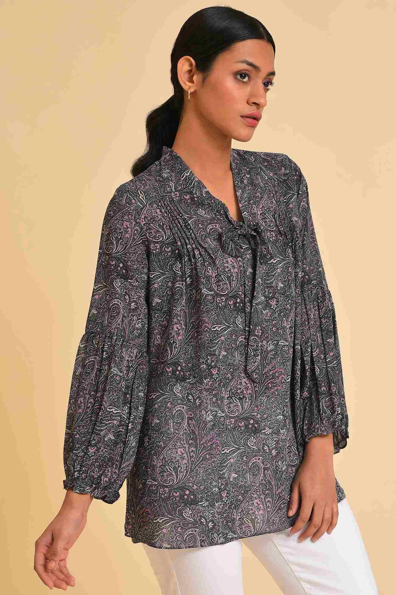 Black Paisley Printed A-Line Top - wforwoman