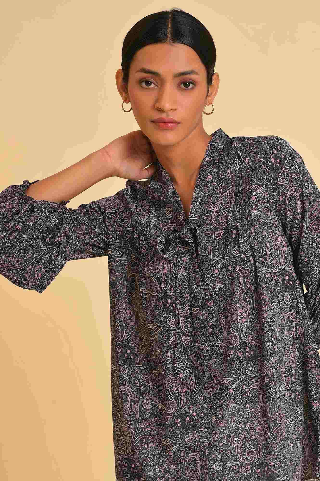 Black Paisley Printed A-Line Top - wforwoman