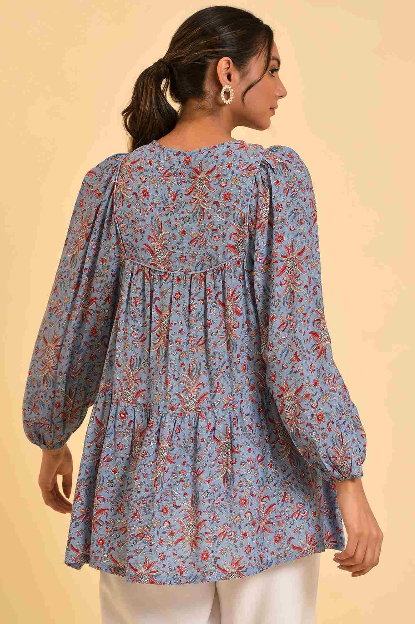 Blue Floral Printed A-Line Top - wforwoman