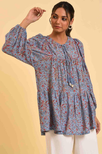 Blue Floral Printed A-Line Top - wforwoman