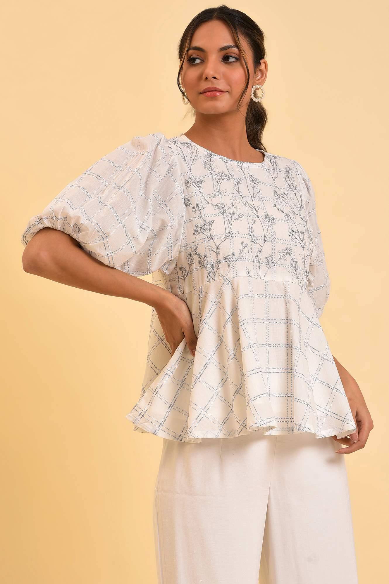 Buy Ecru Checker Peplum Top Online for Woman | WforWoman