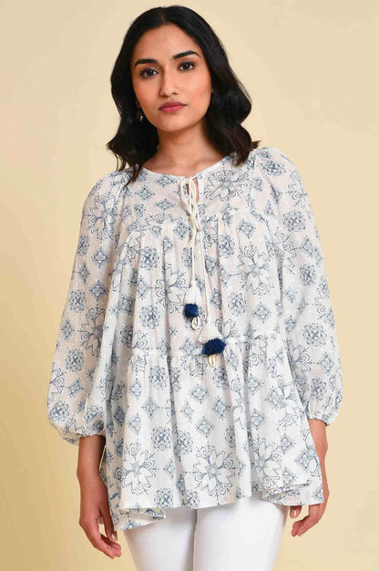 White Geometric Print Gathered Top - wforwoman