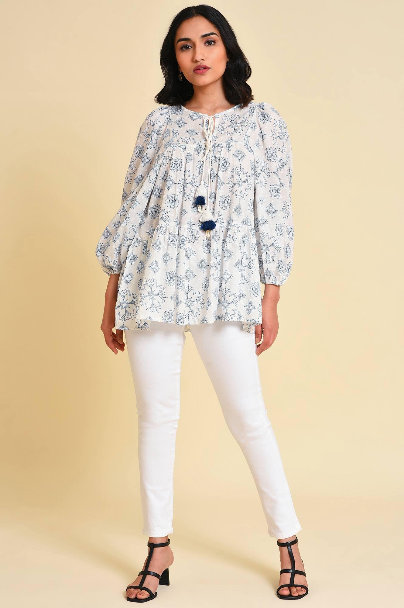 White Geometric Print Gathered Top - wforwoman
