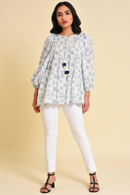 White Geometric Print Gathered Top - wforwoman
