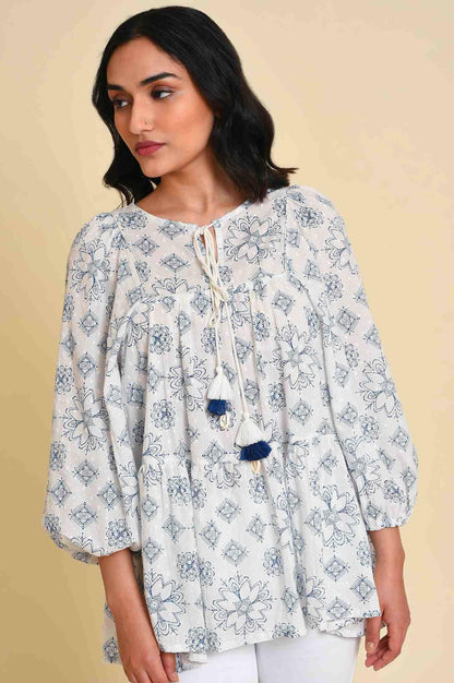 White Geometric Print Gathered Top - wforwoman