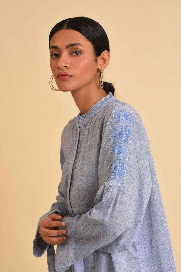 Blue Double Cloth Embroidered Top