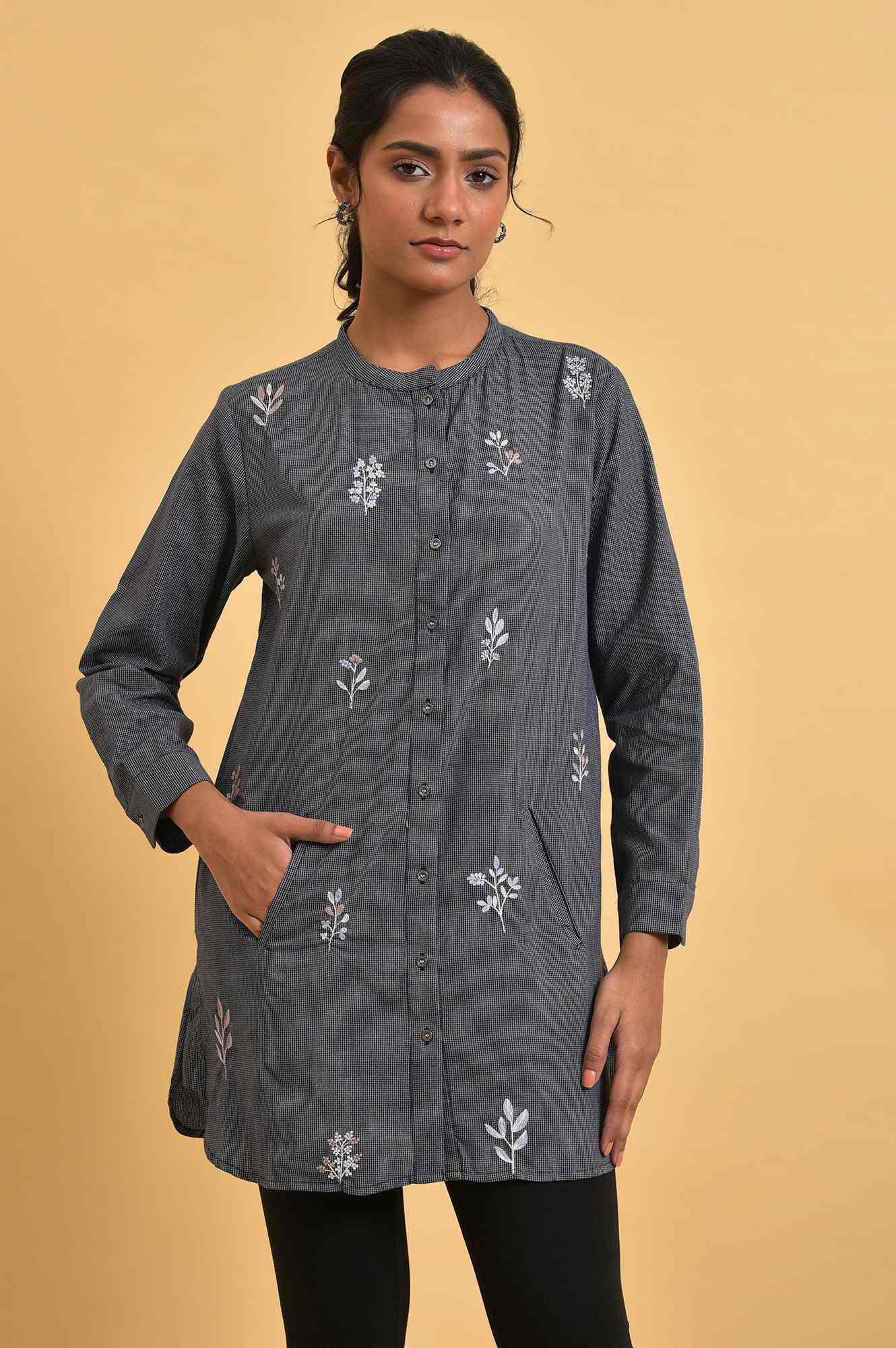 Grey Checker Embroidered Western Tunic - wforwoman