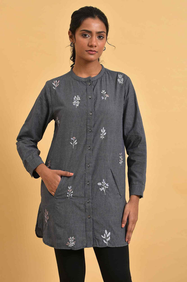 Grey Checker Embroidered Western Tunic