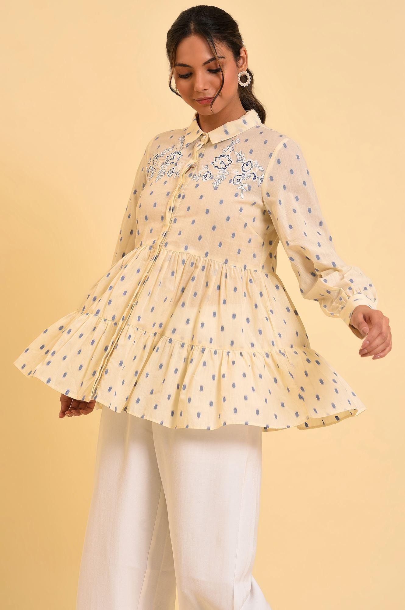 Biege Cotton Textured Top With Embroidery - wforwoman