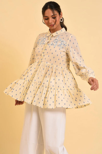 Biege Cotton Textured Top With Embroidery - wforwoman