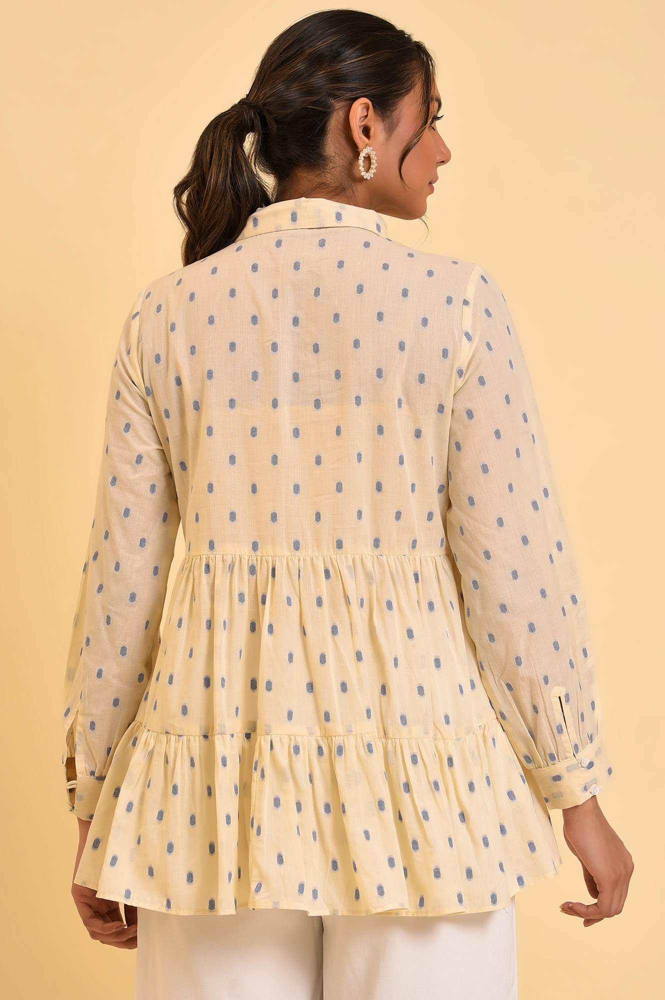 Biege Cotton Textured Top With Embroidery - wforwoman