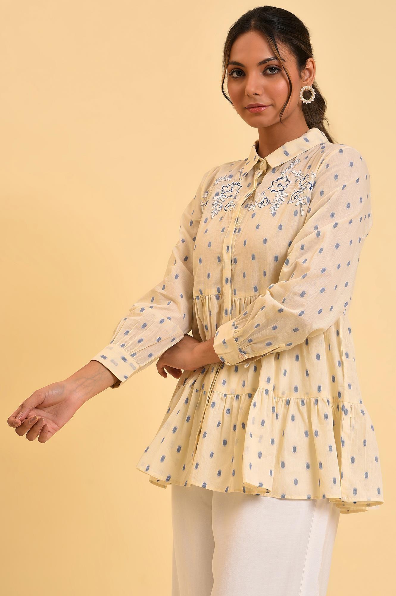 Biege Cotton Textured Top With Embroidery - wforwoman