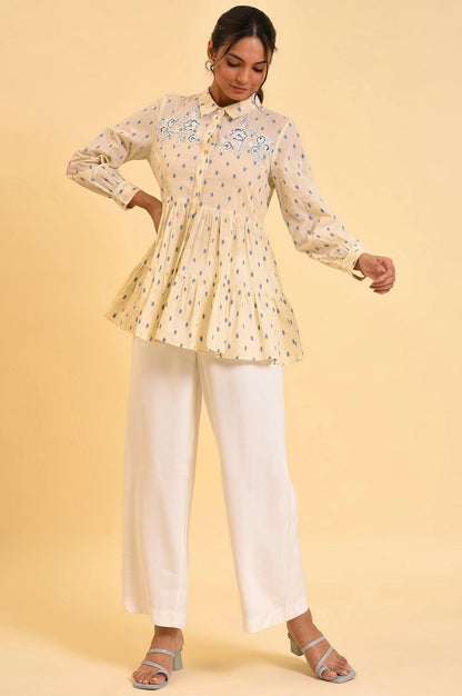 Biege Cotton Textured Top With Embroidery - wforwoman