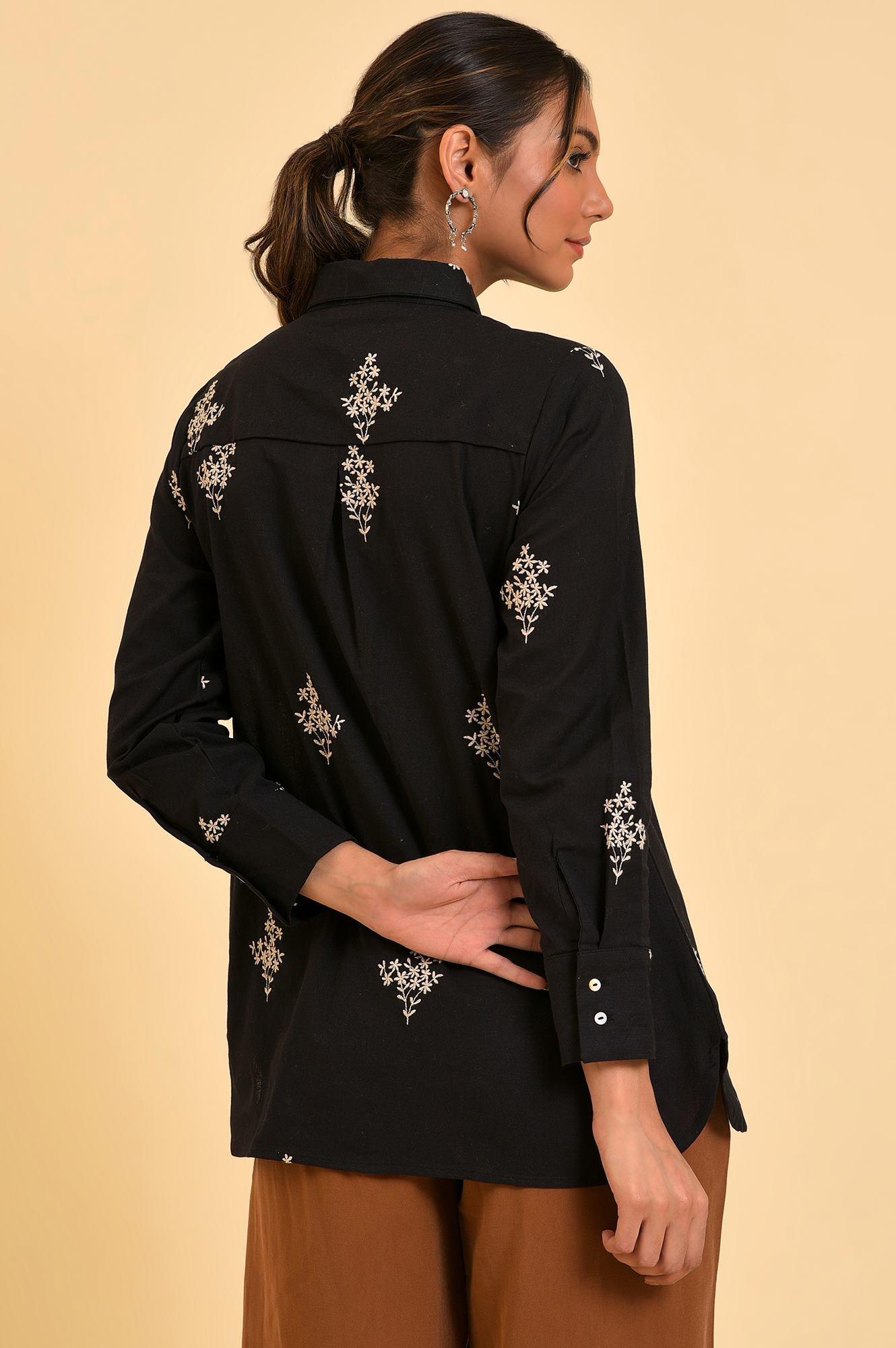 Black Floral Embroidered Women Shirt - wforwoman