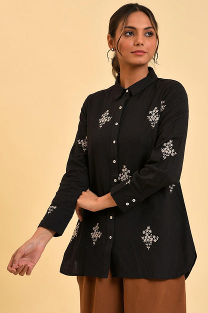 Black Floral Embroidered Women Shirt - wforwoman