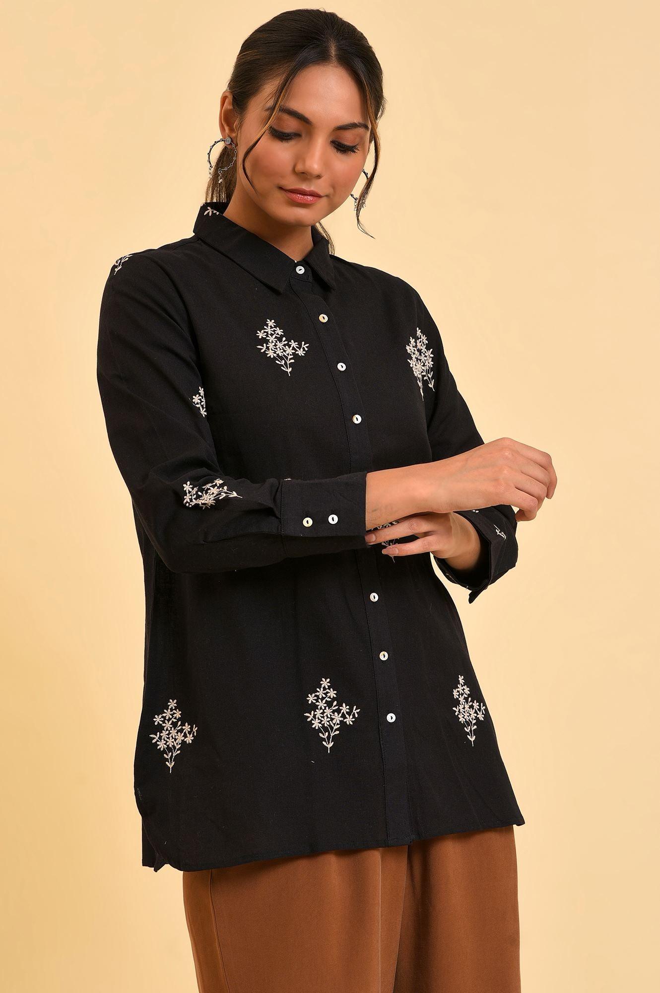 Black Floral Embroidered Women Shirt - wforwoman
