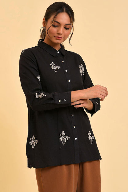 Black Floral Embroidered Women Shirt - wforwoman