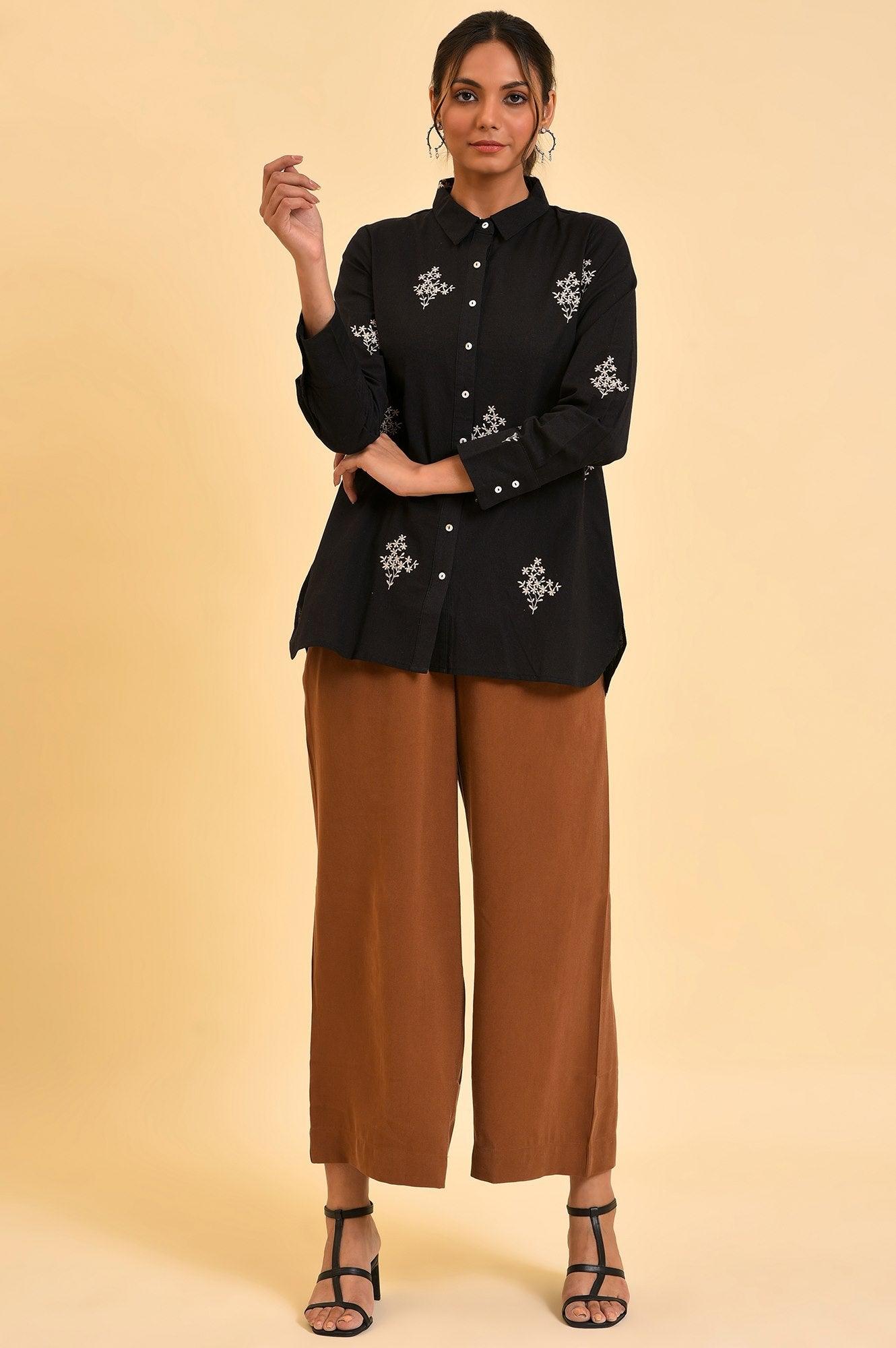 Black Floral Embroidered Women Shirt - wforwoman