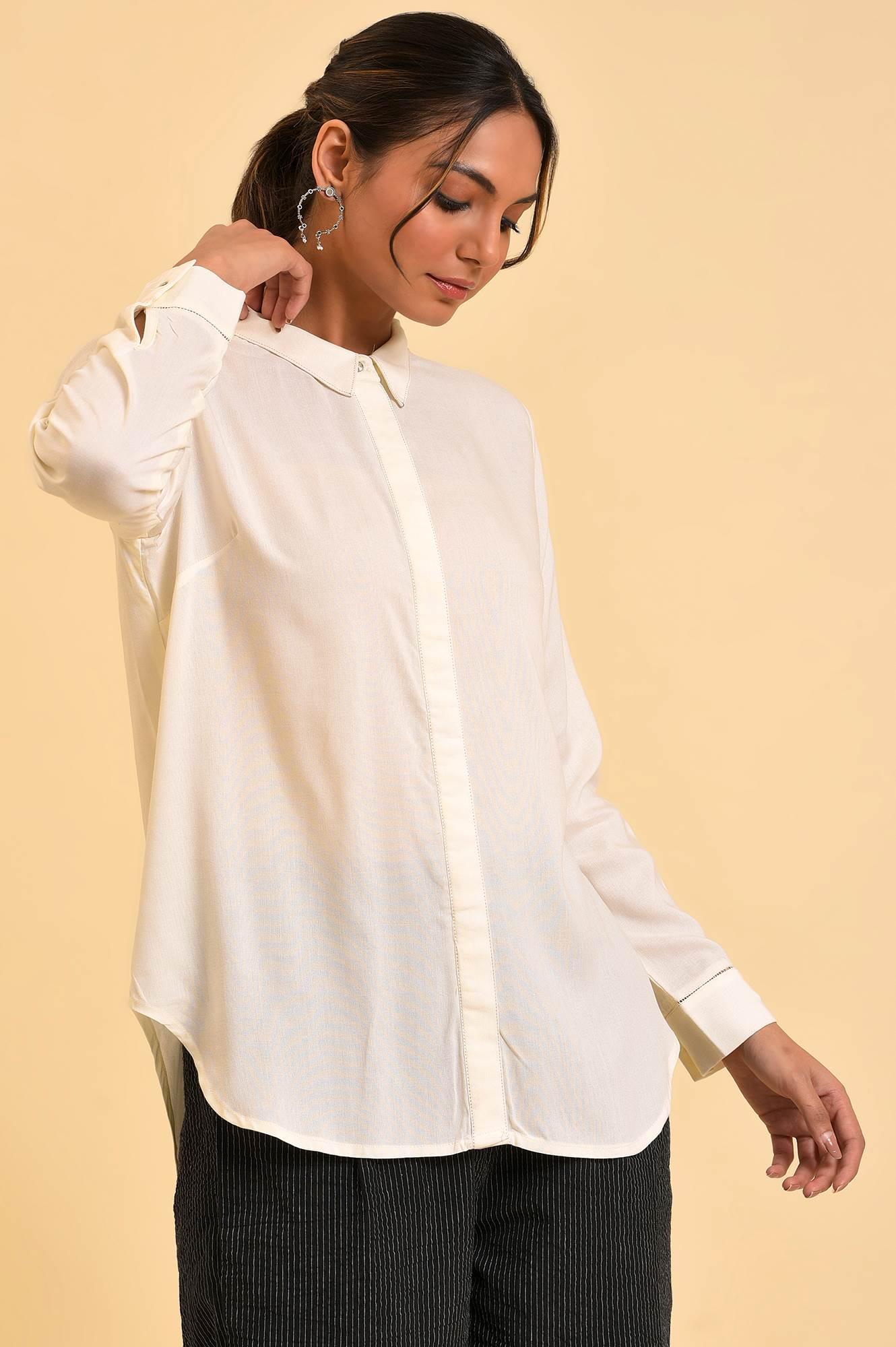 Ecru Solid Classis Western Shirt - wforwoman