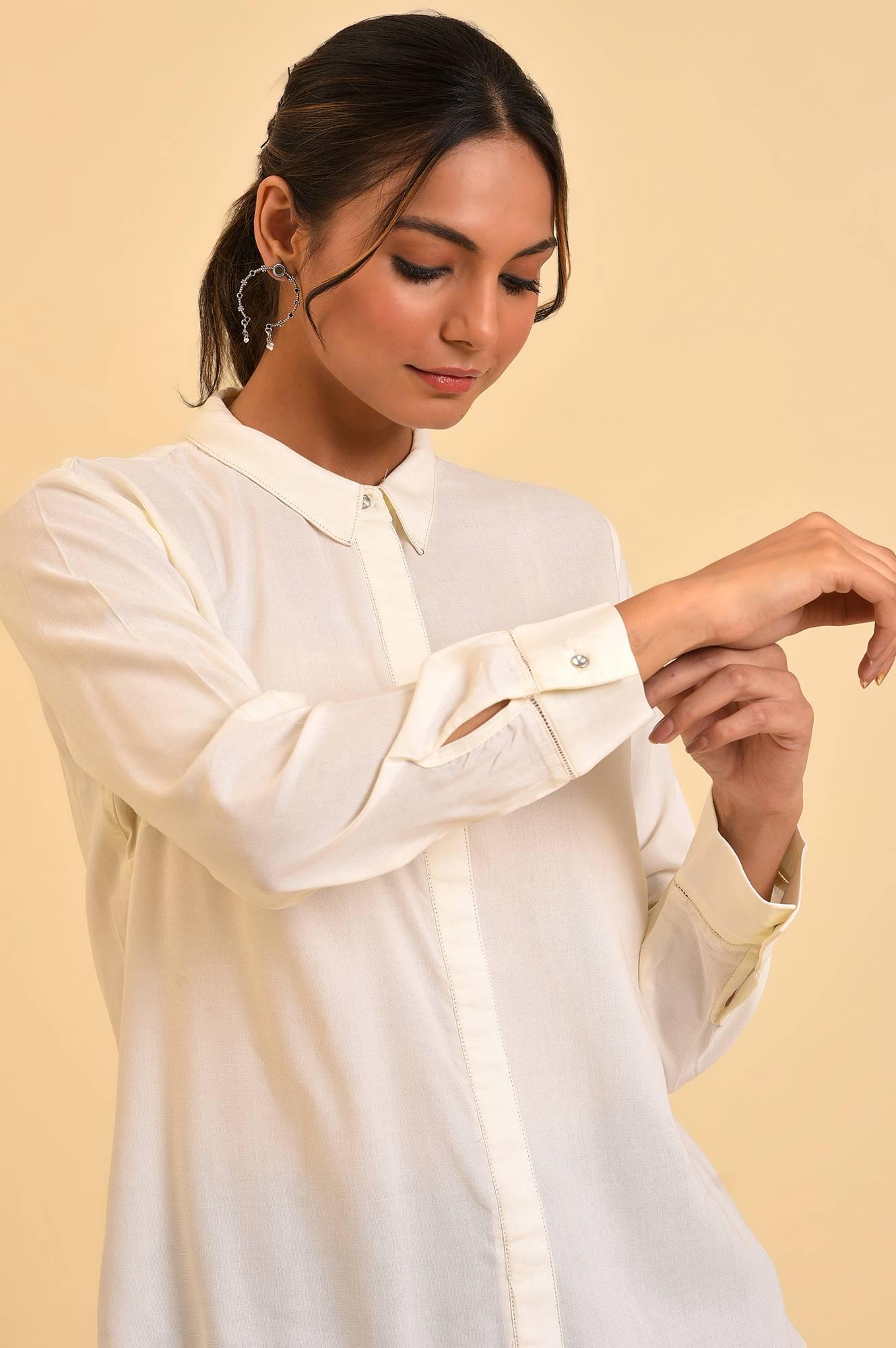 Ecru Solid Classis Western Shirt - wforwoman