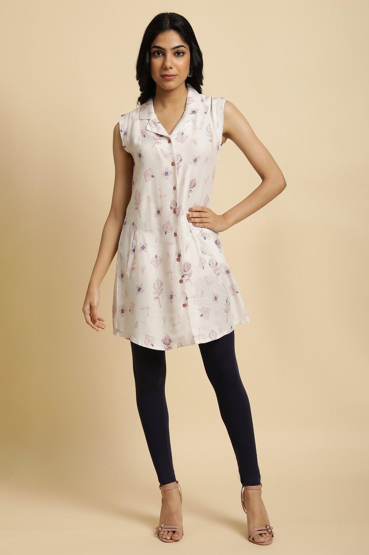 Ecru Lapel Collar Summer Sleeveless Tunic