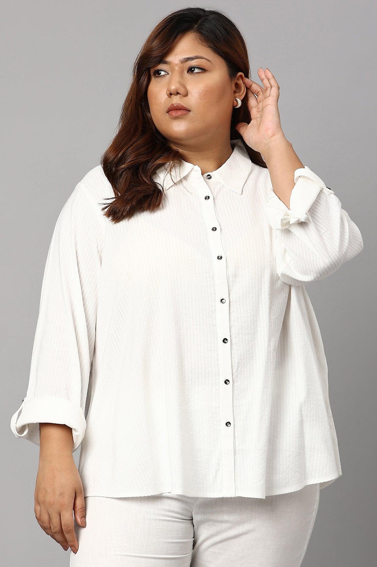 Ecru Shirt Collar Plus Size Top - 20