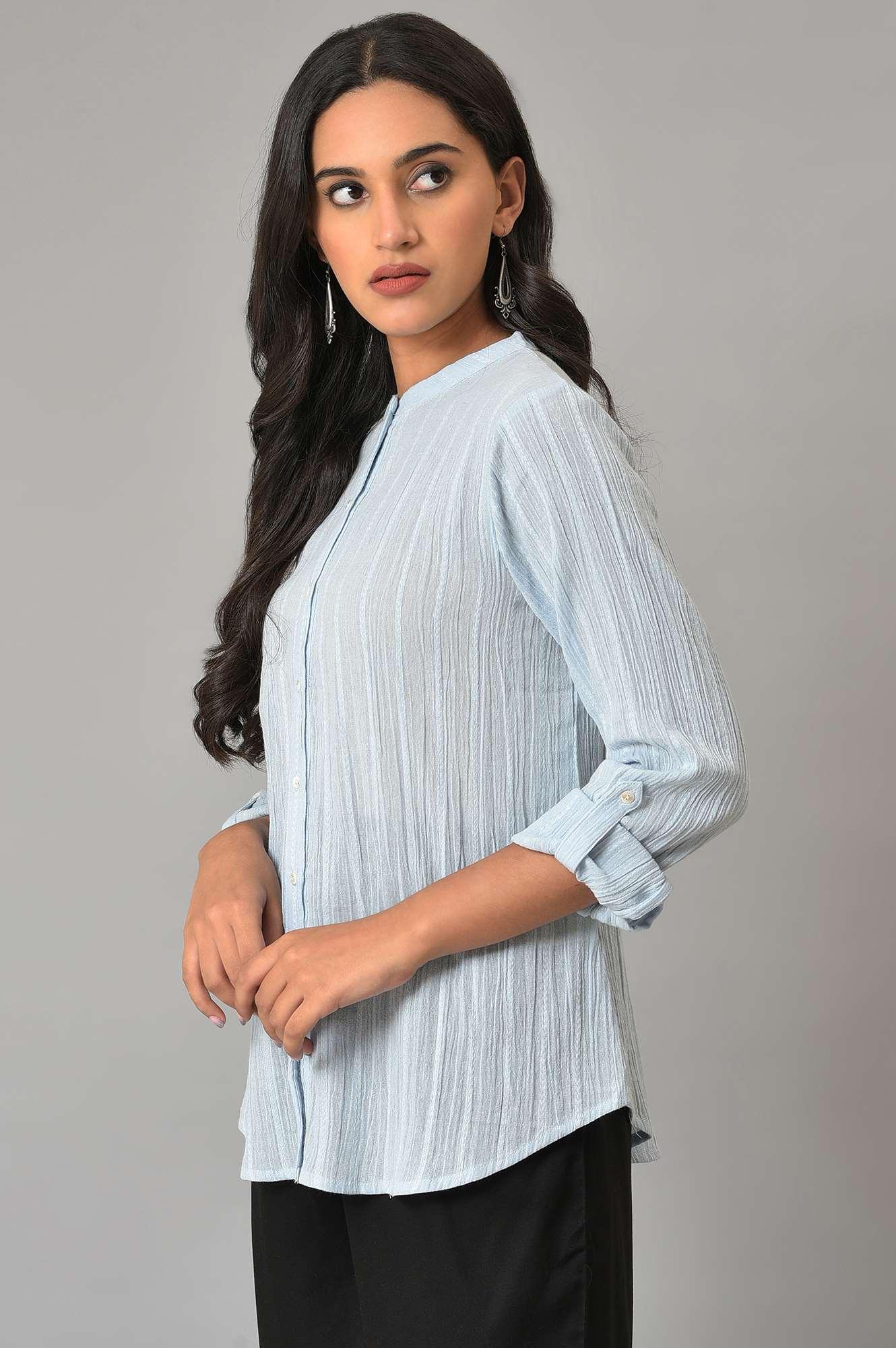 Light Blue Mandarin Collar Top - wforwoman