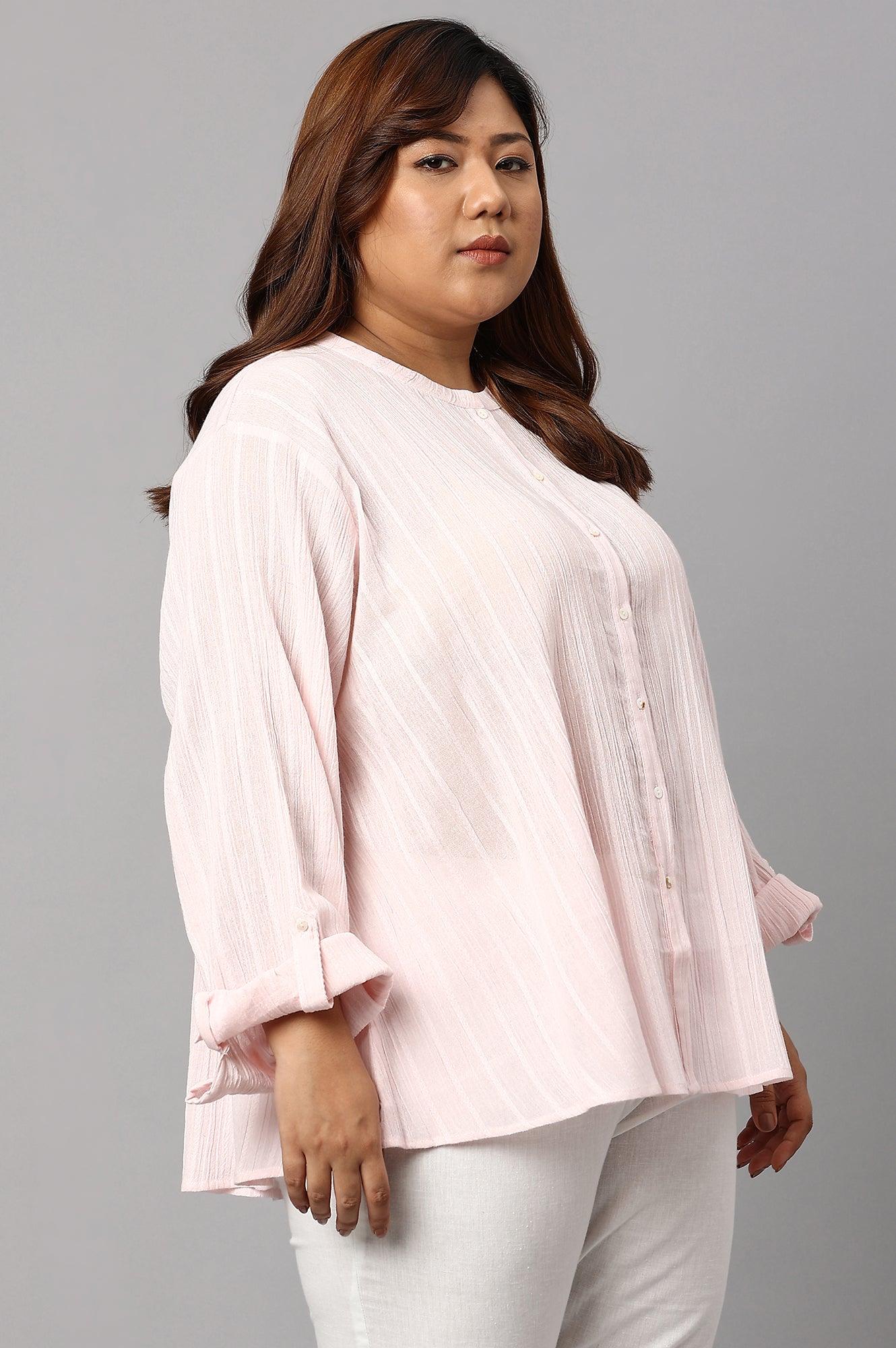 Light Pink Mandarin Collar Plus Size Top - wforwoman