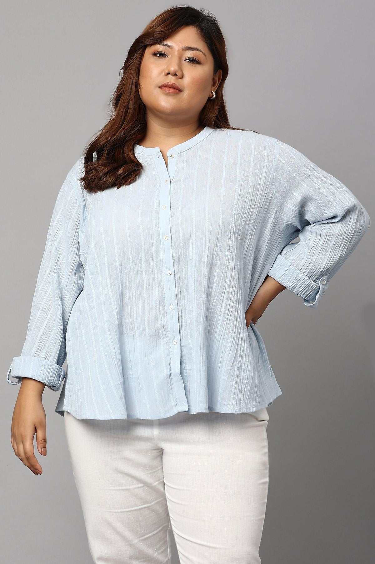 Light Blue Mandarin Collar Plus Size Top - 4XL