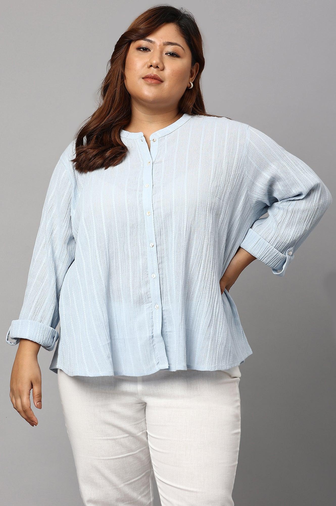 Light Blue Mandarin Collar Plus Size Top - wforwoman